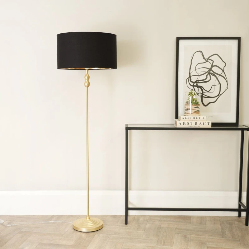 Image of ValueLights Maggie Gold Metal Candlestick Floor Lamp with Black and Metallic Gold Shade Black
