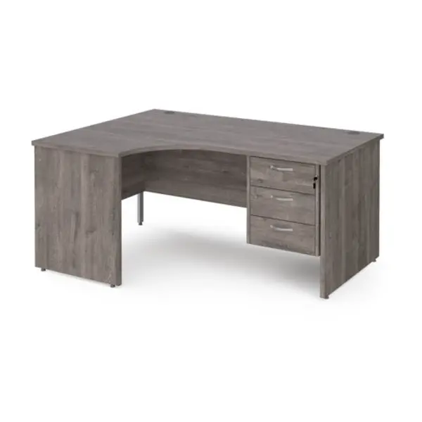 image of Maestro 25 left hand ergonomic desk 1600mm wide with 3 drawer pedestal - grey oak top with panel end leg