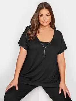 image of Yours Zip Neck Tshirt - Black, Size 18, Women