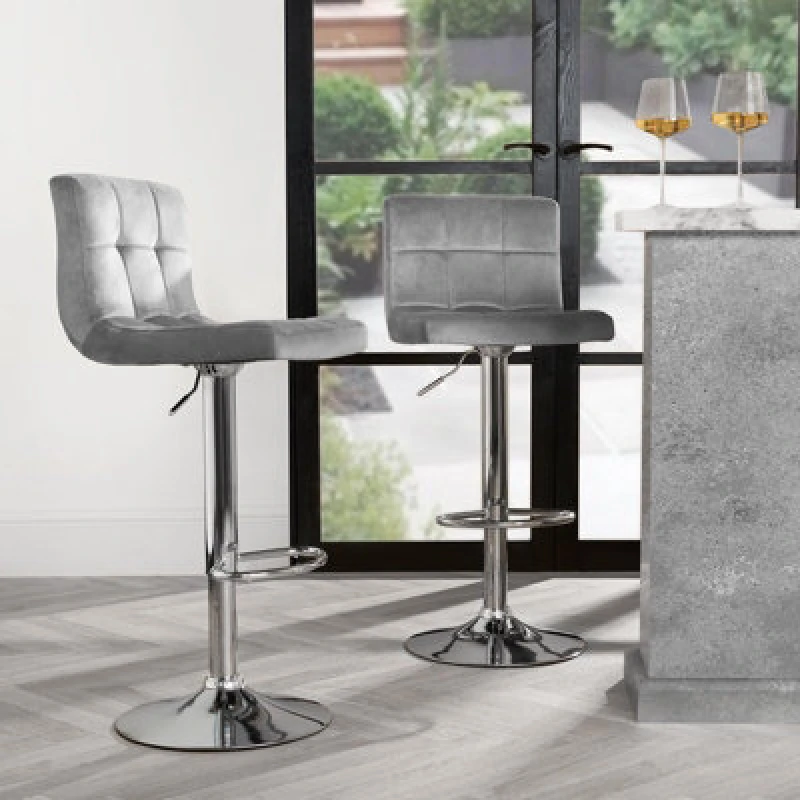 Image of OHS OHS Adjustable Bar Stools x 2 Velvet Swivel Pub Seat Kitchen Breakfast Counter Chair in Light Grey Light Grey One Size Unisex 5027434198573
