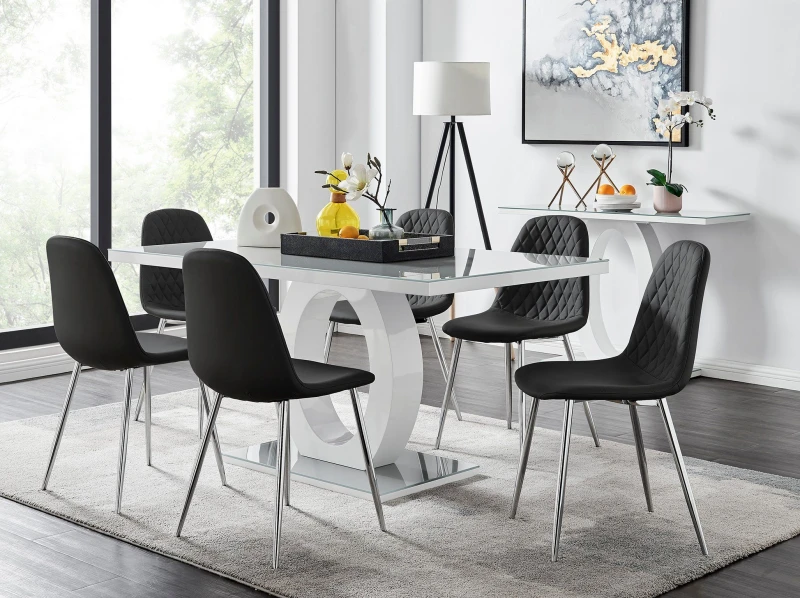 Image of FurnitureboxUK FurnitureboxUK Giovani 6-Seater Grey Glass Dining Table and 6 Corona Faux Leather Dining Chairs in Black One Size Unisex 50565426