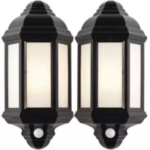Image of 2 PACK IP44 Outdoor Wall Light Black Frosted Lantern Traditional PIR Motion Lamp