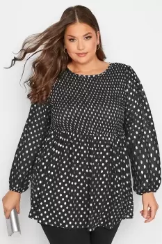 Image of Metallic Spot Print Shirred Peplum Top