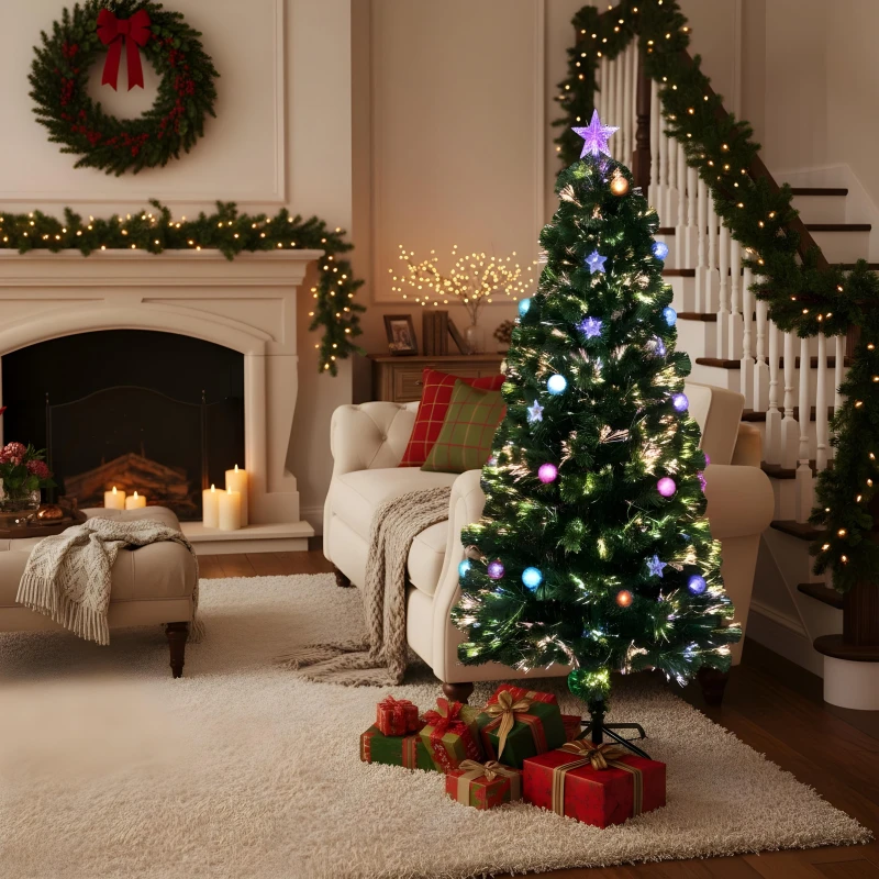 Image of Shatchi 5ft/150cm Baubles and Stars Fibre Optic Christmas Tree LED Pre-Lit Green