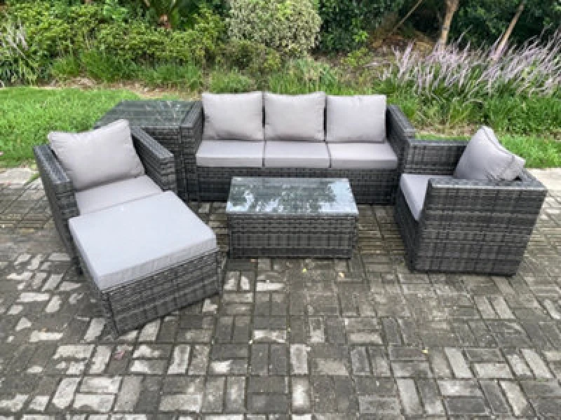 Image of Fimous Rattan Garden Furniture Set with 3 Seater Sofa Coffee Table Outdoor Patio Lounge Sofa Set Dark Grey Mixed Dark Grey