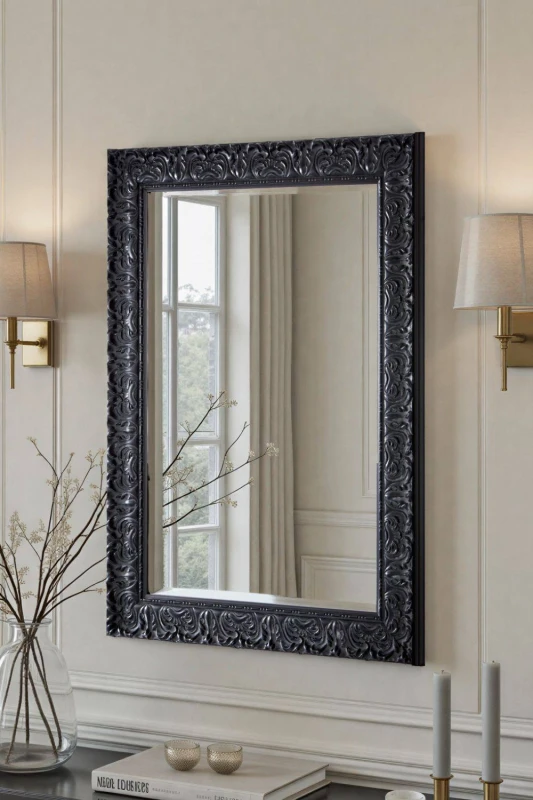 Image of Yearn Mirrors Yearn Mirrors Carved Framed Bevelled Mirror Black 102.5x74.5cm Black One Size Unisex 0756406341598