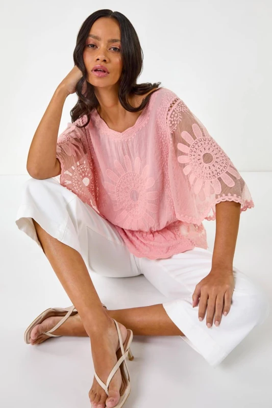Image of Dusk Womens Butterfly Lace Blouse in Pink Size: S/M Pink Female S/M