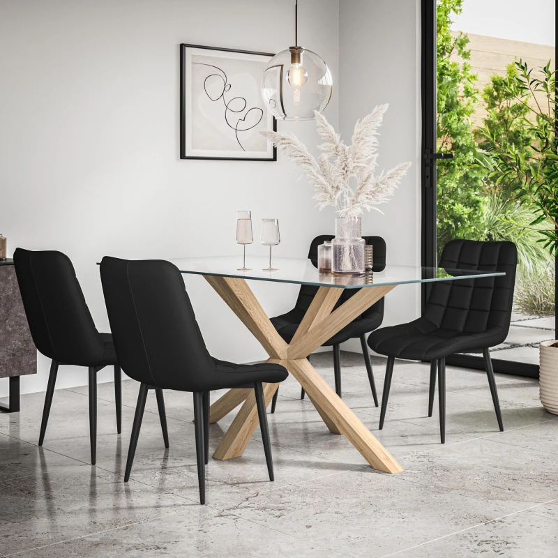 Image of More4Homes Etta Glass Dining Table And Chairs - Glass Top W Solid Oak Legs + Nova Faux Leather Dining Chair Set Of 4 (Black)