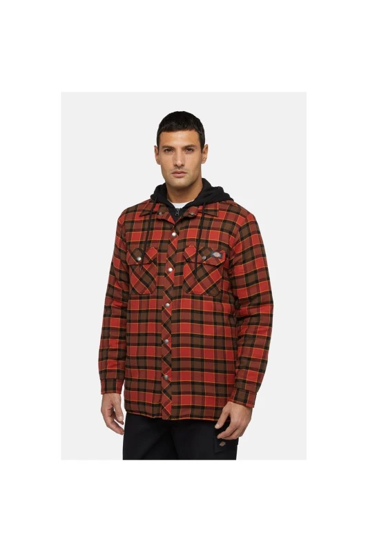 Image of Dickies Dickies Men Fleece Hooded Flannel Shirt in Red Size: large Red L Male 196520309409