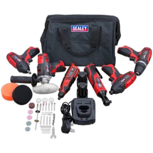 image of Sealey CP1200 12v Cordless 6 Piece Power Tool Kit 2 x 1.5ah Li-ion Charger Bag