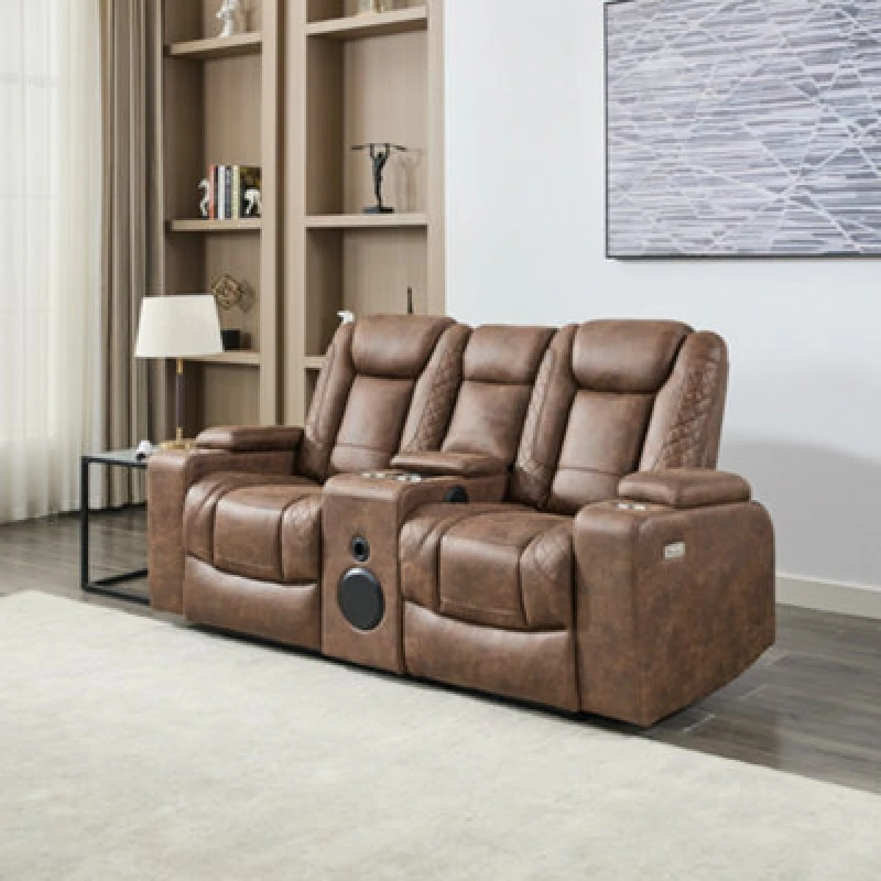 Image of More4Homes Ashton 2 Seater Fabric Auto Recliner Sofa With Concole Brown