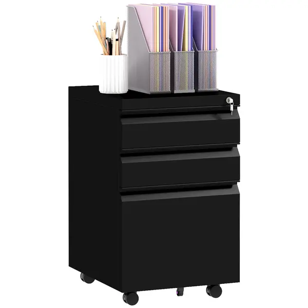 Image of Vinsetto 3-Drawer Mobile Filing Cabinet on Wheels w/ Pencil Tray, Steel Lockable File Cabinet w/ Adjustable Hanging Bar for A4, Legal Size, Black