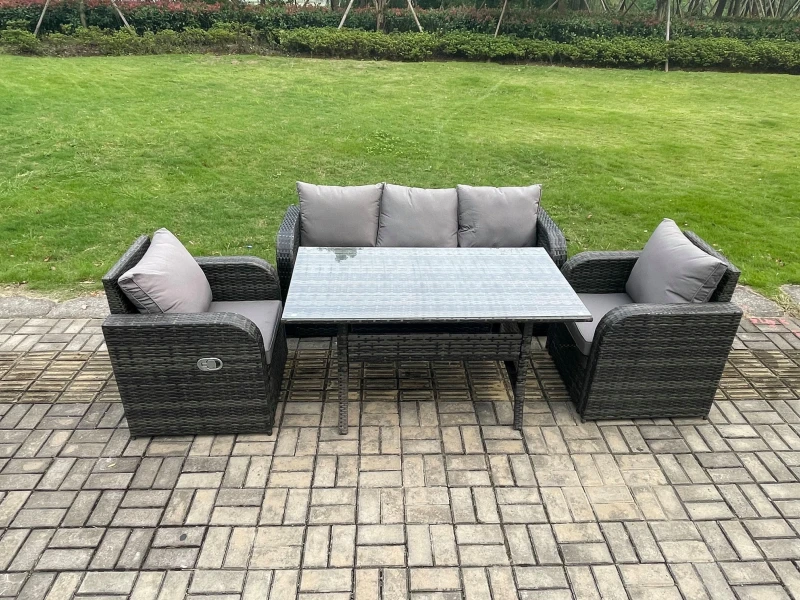 Image of Fimous Rattan Garden Furniture 4 Piece Grey Patio Furniture Set Patio Conservatory 5 Seater Set Outdoor Rectangular Table & Chairs in Dark Grey Dark G