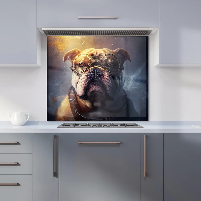 Image of Warren Reed - Designer Bulldog With Glasses Splashart Golden Kitchen Splashback in Brown Size: 600mm x 750mm Brown Unisex 600mm x 750mm