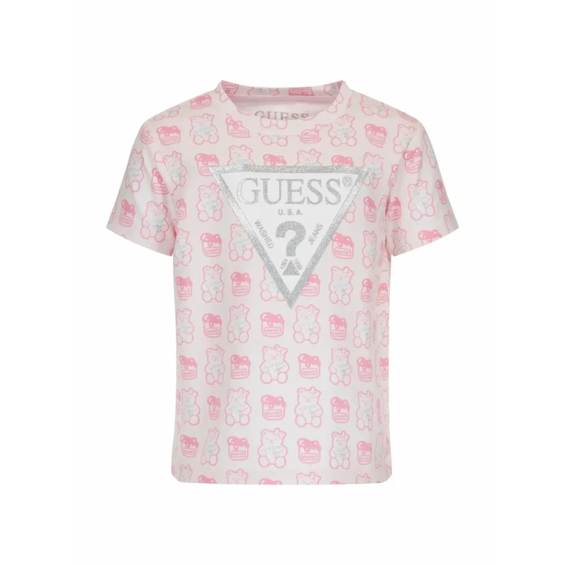 Image of Guess Kids All Over Print Logo T-Shirt 14389423 Pink