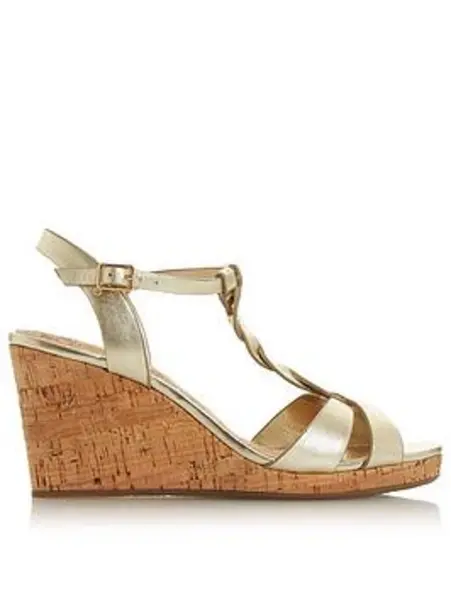Image of Dune London Koala Gold Plait T-Bar Strap Cork Wedge Heel Gold VRHER Female 3,4,5,7,8