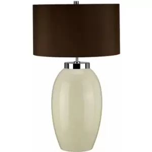 Image of Table Lamp Large Ceramic Cream Glaze Brown Faux Silk Empire Shade LED E27 60W