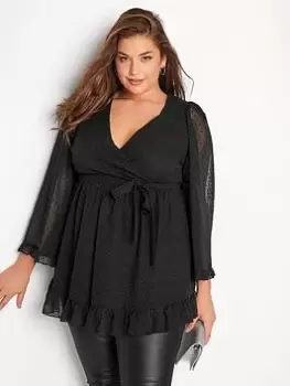Image of Yours Metallic Dobby Ruffle Wrap Top - Black, Size 16, Women