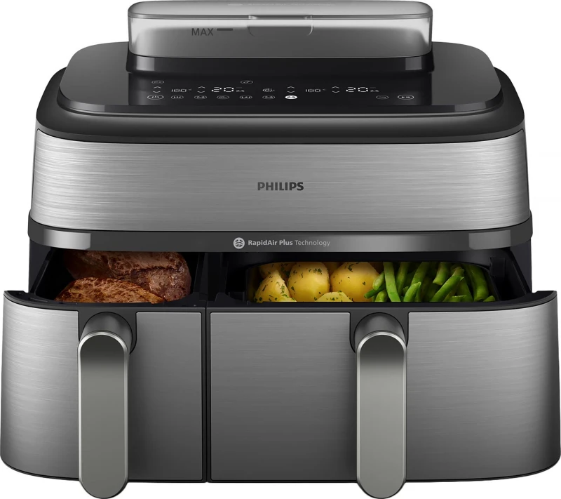 Image of Philips 5000 Series Dual Basket NA555/09 Air Fryer - Black / Stainless Steel