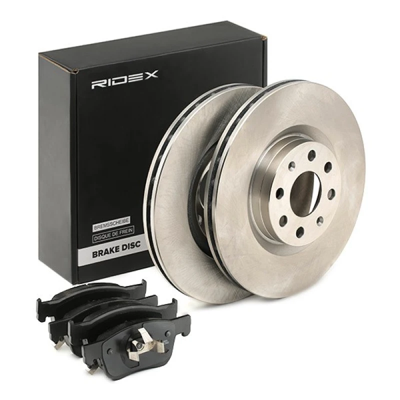 Image of RIDEX 3405B1634 Brake disc and pads set Front Axle, Brake Disc Type: internally vented, with acoustic wear warning, with piston clip Brake Set,disc b