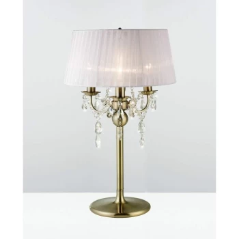 image of Olivia Table Lamp with White Shade 3 Bulbs Antique Brass / Crystal