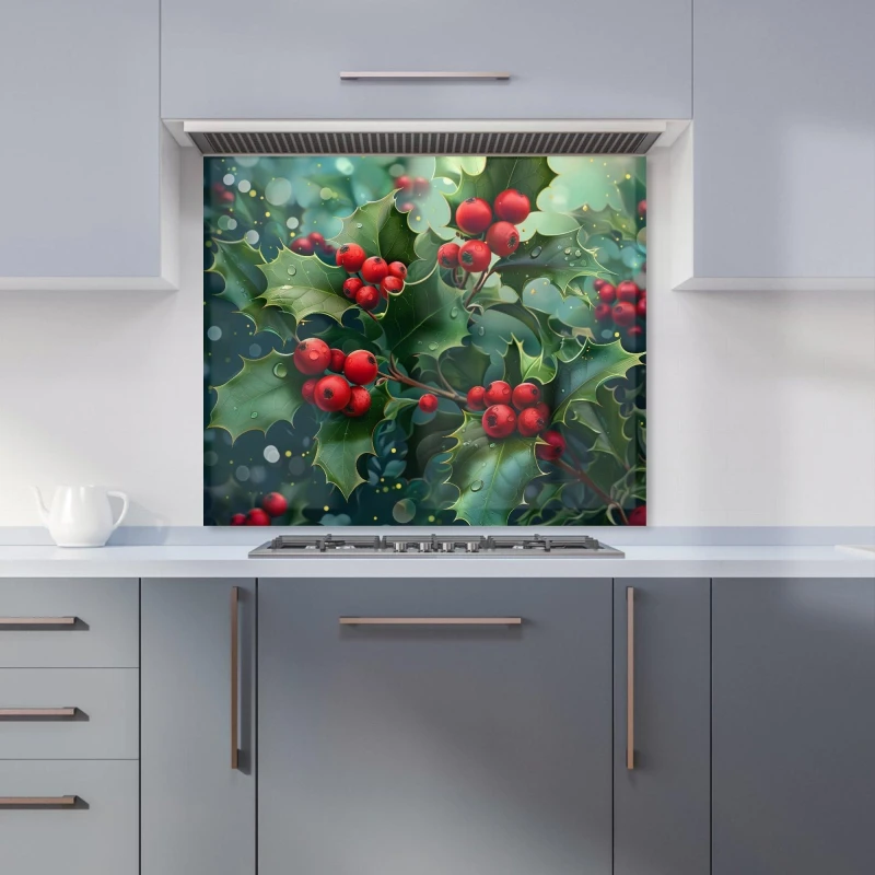 Image of Warren Reed - Designer Festive Holly with Dew-Kissed Berries Kitchen Splashback Size: 600mm x 750mm Multicolor Unisex 600mm x 750mm