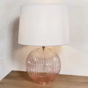 Image of Mia Table Lamp Dusky Pink Ribbed Glass & Vintage White Linen 1 Light IP20 - E27