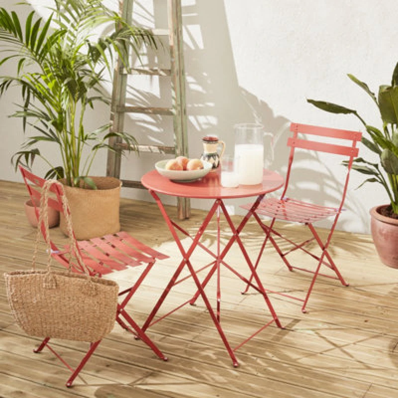 Image of Sweeek. Folding Metal Bistro Garden Table Diam.60 X 70Cm 2 Chairs Emilia Terracotta 60X60X71 Cm