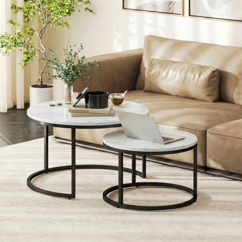 Image of HOMCOM 2 Pcs Stacking Coffee Table Set Steel Frame in White Size: Large White Unisex Large