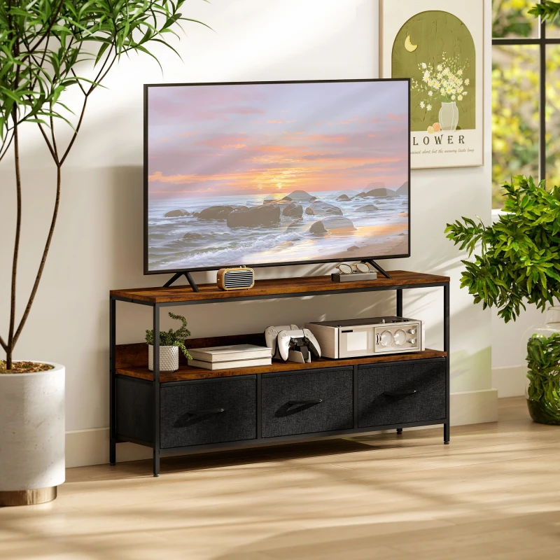Image of HOMCOM HOMCOM TV Cabinet, TV Console Unit with 3 Foldable Linen Drawers Brown Brown One Size Unisex 5063603036321