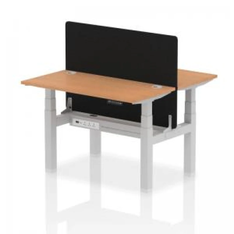 Image of Air Back - to - Back 1200 x 600mm Height Adjustable 2 Person Bench Office Desk Oak Top - Cable Ports Silver Frame - Black Straight Screen