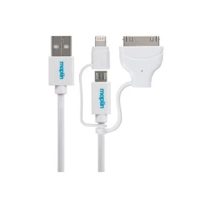 image of Maplin 3 in 1 USB-A to Lightning Connector, Apple 30Pin, Micro USB Cable 1.5m White