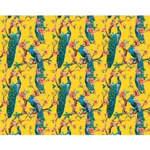 Image of Origin Murals Flowery Peacocks Yellow Wall Mural - 3.5 x 2.8m