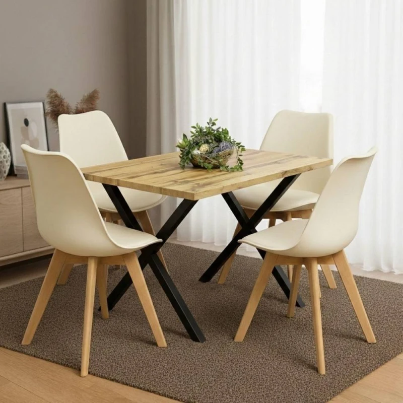 Image of Kosy Koala Stone Effect Dining Table Set Of 4 Cream Plastic Chairs With Faux Leather Padded Seats