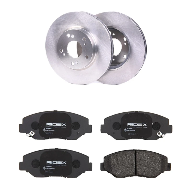 Image of RIDEX 3405B2750 Brake disc and pads set Front Axle, Brake Disc Type: internally vented, with acoustic wear warning Brake Set,disc brakes (3405)
