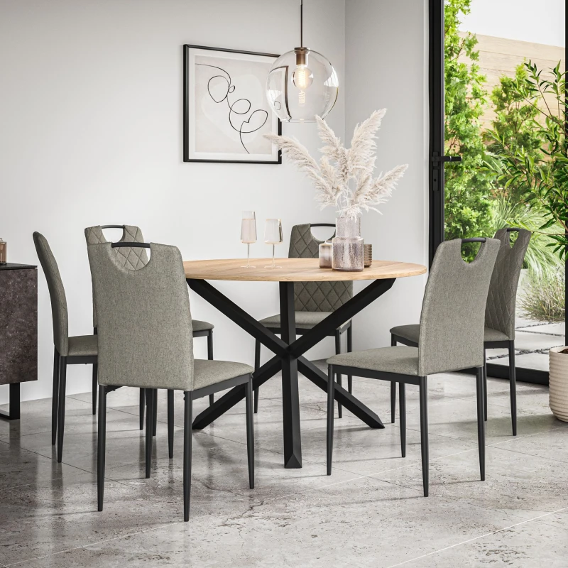 Image of More4Homes Malvern Round Dining Table And Chairs - Oak Table Top W Solid Oak Black Legs + Monza Fabric Dining Chair Set Of 6 (Grey)