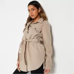 image of I Saw It First Faux Wool Belted Shacket - Brown