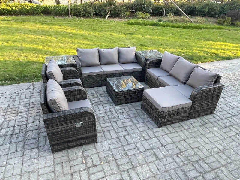 Image of Fimous High Back Rattan Garden Furniture Set with Square Coffee Table 2 Side Tables Big Footstool Indoor Outdoor Patio Lounge Sofa Set Dark Grey