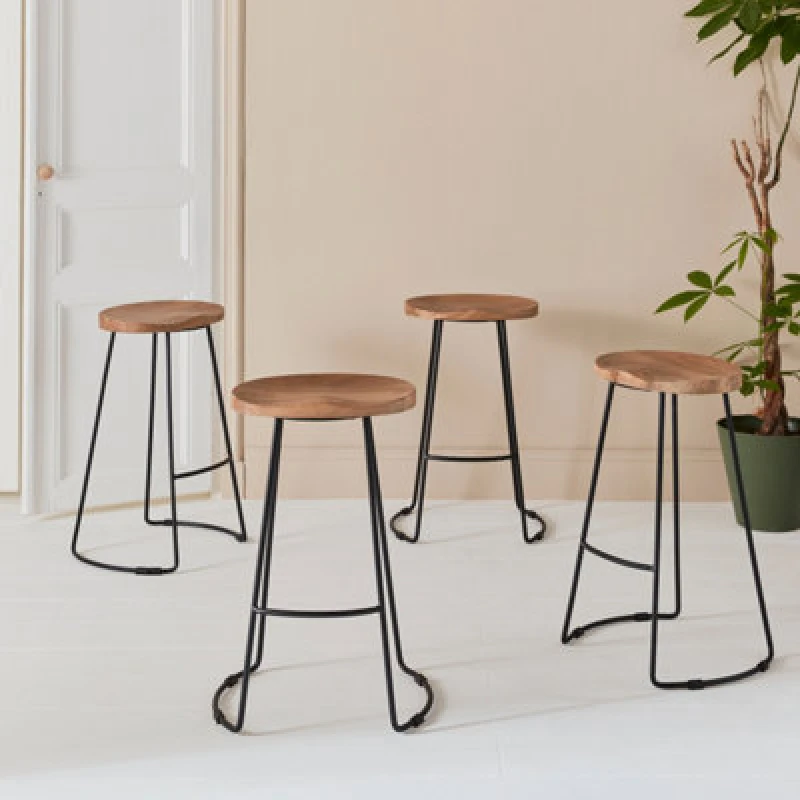Image of Sweeek - Set Of 4 Industrial Metal And Wooden Bar Stools Natural 44X36X65cm - Jaya