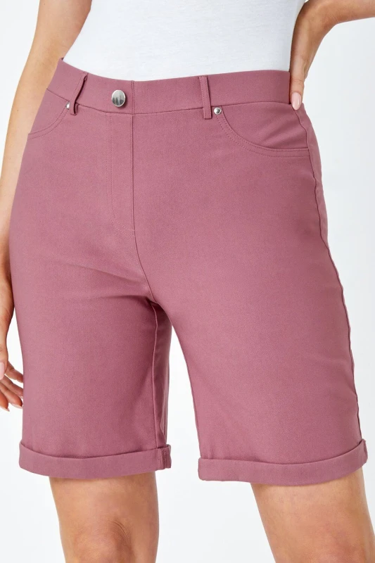 Image of Roman Womens Elastic Waist Turn Up Stretch Shorts in Beige Size: 22 Beige Female 22