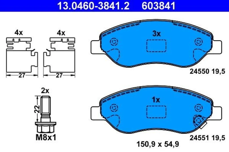 Image of ATE 13.0460-3841.2 Brake pad set with acoustic wear warning, with accessories, with brake caliper screws Brake Pad Set,disc brake (402)