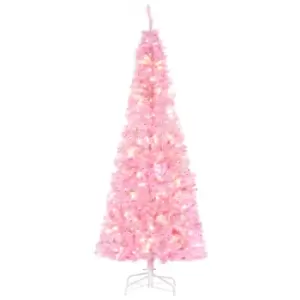 Image of HOMCOM 6' Tall Prelit Pencil Slim Artificial Christmas Tree with Realistic Branches, 300 Warm White LED Lights and 618 Tips, Xmas Decoration, Pink