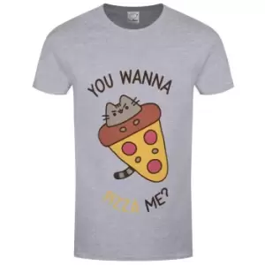 Image of Pusheen Womens/Ladies You Wanna Pizza Me Heather Boyfriend T-Shirt (XL) (Grey Heather)