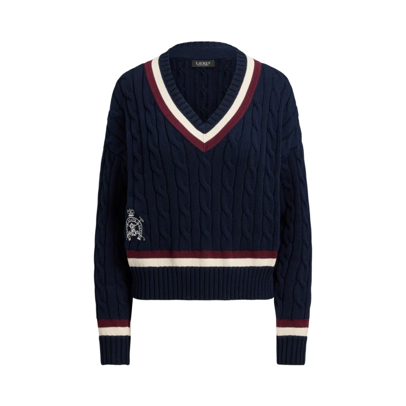Image of Lauren by Ralph Lauren Womens Real Leather Knitted Crew Neck Jumper Navy/Crm/Garnet female 12 (M)