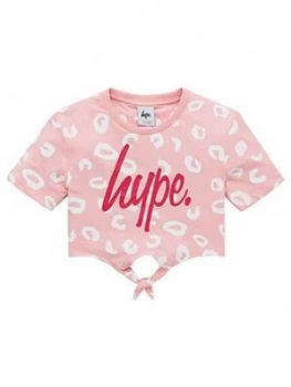 Image of Hype Girls Leopard Knotted Cropped Short Sleeve T-Shirt - Pink, Size Age: 9-10 Years, Women