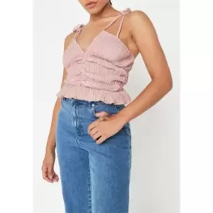 Missguided Petite Crinkle Tie Shoulder Frill Crop Top - Nude