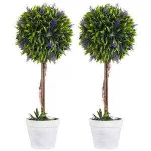 image of HOMCOM Set of 2 Decorative Artificial Plants Ball Trees with Lavender Flowers in Pot Fake Plants for Home Indoor Outdoor Decor, 60cm