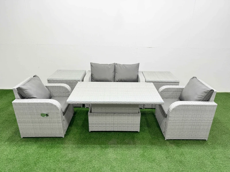 Image of Fimous Light Grey PE Wicker Rattan Garden Furniture Set Sofa Set Reclining Chair Adjustable Lifting Dining or Coffee Table 4 Seater With 2 Side Table