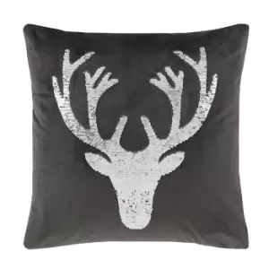 Image of Sequin Stag Grey Velvet Filled Cushion 43x43cm