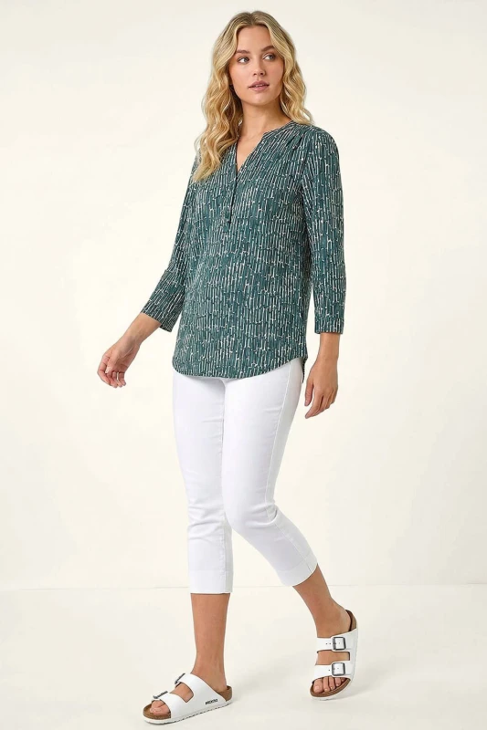 Image of Roman Womens Abstract Print V-Neck Stretch Shirt Top in Khaki Size: 14 Khaki Female 14